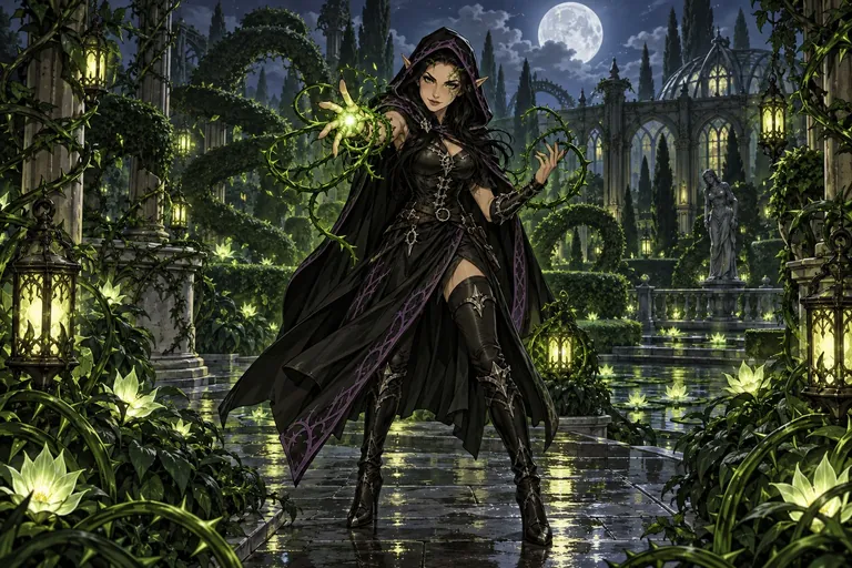 Ivy, a hooded thorn-elf holding a green light among glowing night flowers