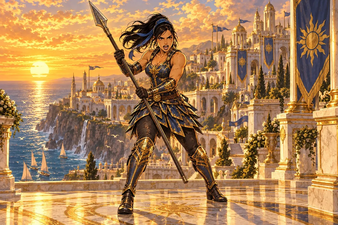 Freya, a spear-captain in dark gold armour, on a marble terrace above the sunlit city of Sunspire