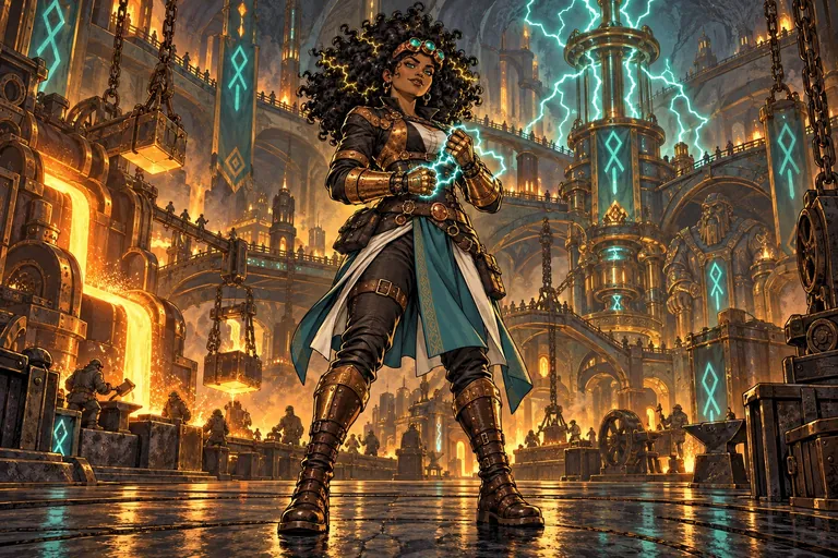 Thyra, a storm-caller in teal and bronze, lightning at her hands in the halls of Runeforge